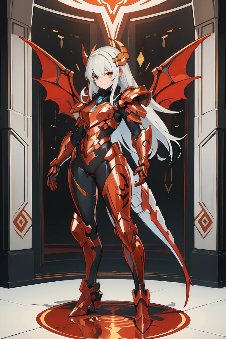 ((full body photo, standing, feet on the ground)),  women, face, White hair, Armor of the Copper Dragon, Maske, red eye, High quality, super detailed, Super Holy Armor, front, Bright image, mehr front, 4 Dragon Wings, more forward, black armor, Red-copper decoration, cyberpunk, Neon, Metallic, fullbody view