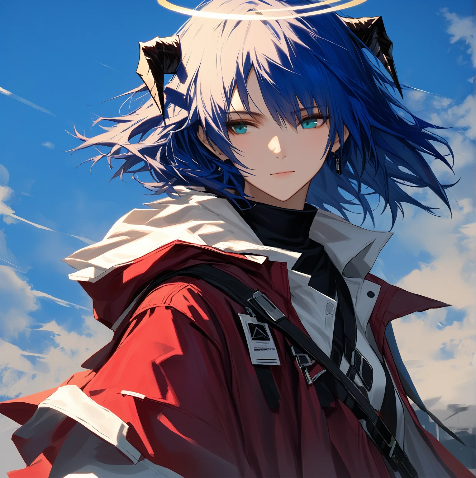 (woman), ((Mostima from arknights)), masterpiece, best quality, blue hair, ((short hair)), horns, plain white shirt, red fullbody coat, dark blue eyes, realistic anime style, faint smile, ((portrait)), black gloves, carring a bag, halo.