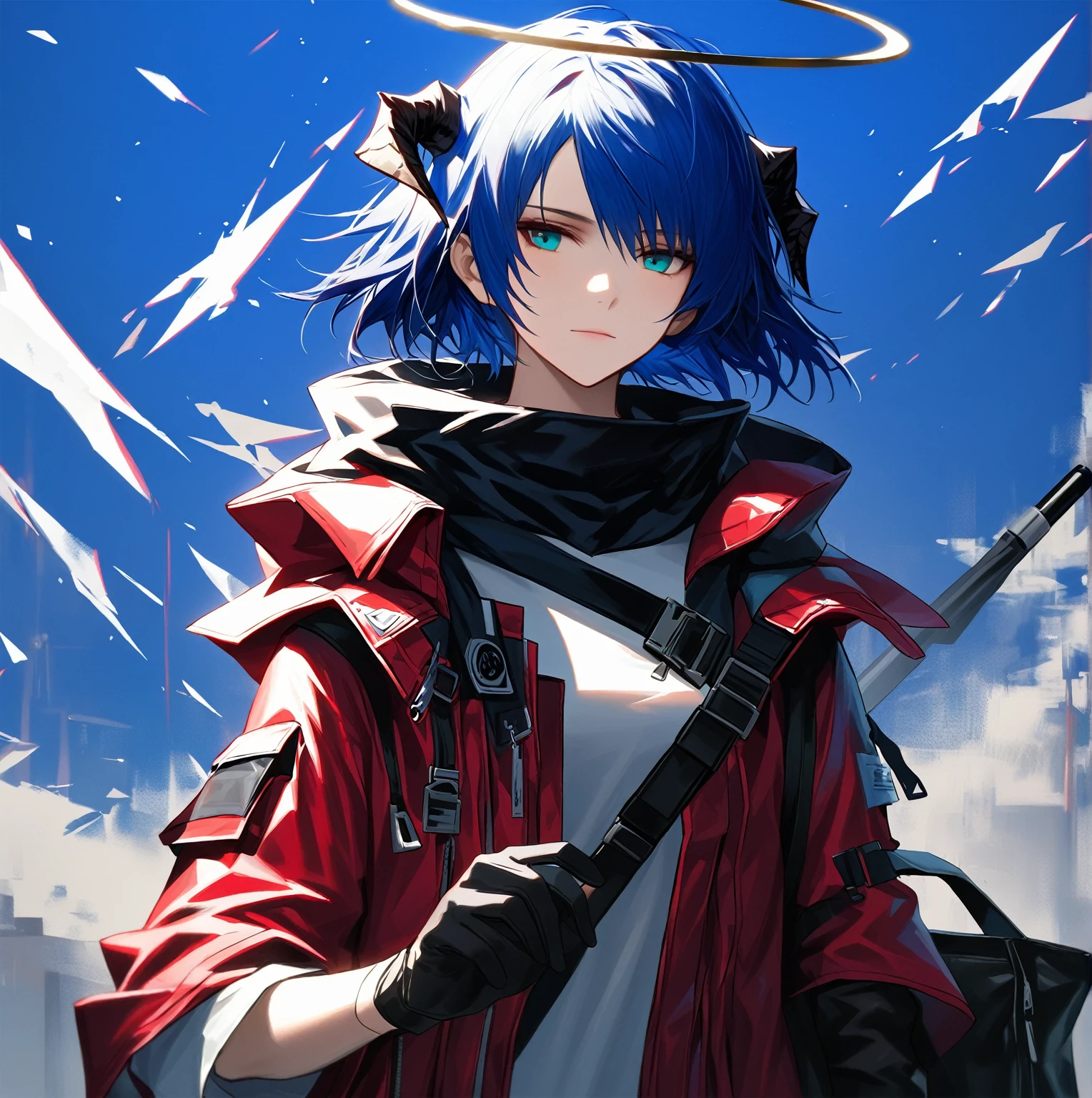 (woman), ((Mostima from arknights)), masterpiece, best quality, blue hair, ((short hair)), horns, plain white shirt, red fullbody coat, dark blue eyes, realistic anime style, faint smile, ((portrait)), black gloves, carring a bag, halo.