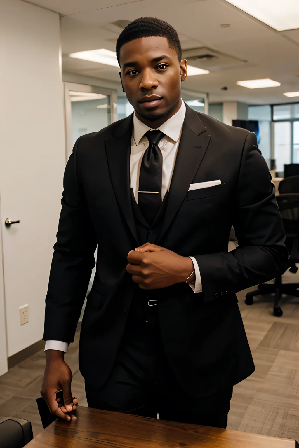 A rich young black man in a suit at his office