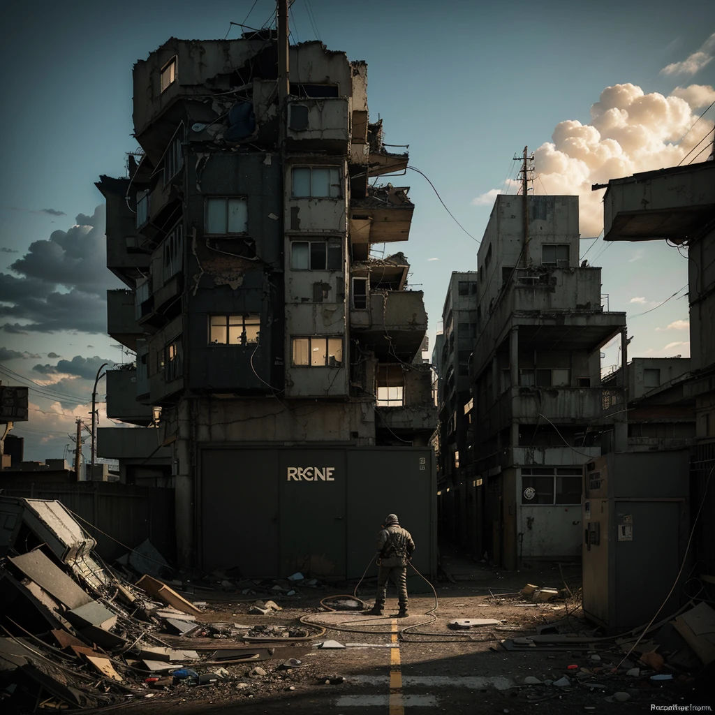 create an illustration for the album cover. A man tearing out the cables connected to himself. postapocalyptic style.