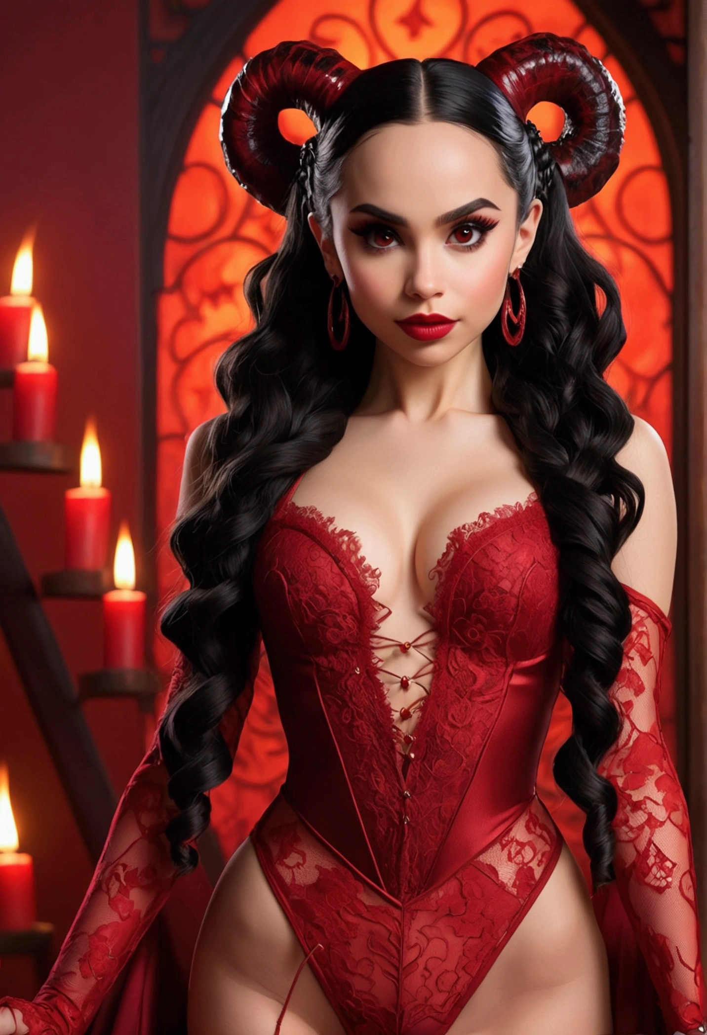 Full body shot Sofia Carson devil, ringlets wavy five feet long black hair, updo hairstyle with ponytail on one side and long hairpins holding the bun long braid, strong thighs, dark red glossy lips, heavy red eye shadow long red eyeliner, long sharp claws, red lace beautiful and creative devil bodysuit, huge cleavage, devil horns, no earrings, no earrings, no earrings, no jewels, beautiful forehead lace ornament, posing in a feminine devil hell, happy expression, red ambience night time fire lights. No faces on her chest!