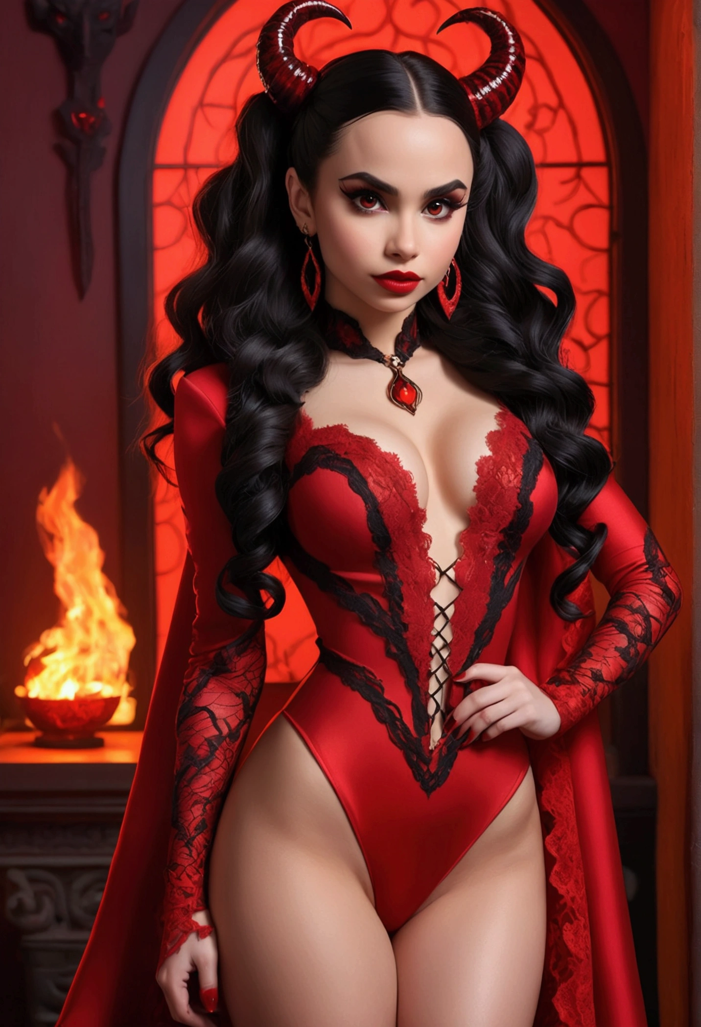 Full body shot Sofia Carson devil, ringlets wavy five feet long black hair, updo hairstyle with ponytail on one side and long hairpins holding the bun long braid, strong thighs, dark red glossy lips, heavy red eye shadow long red eyeliner, long sharp claws, red lace beautiful and creative devil bodysuit, huge cleavage, devil horns, no earrings, no earrings, no earrings, no jewels, beautiful forehead lace ornament, posing in a feminine devil hell, happy expression, red ambience night time fire lights. No faces on her chest!