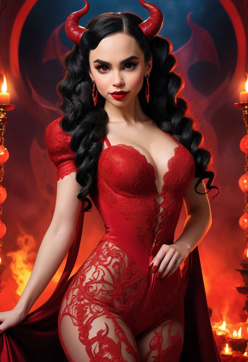 Full body shot Sofia Carson devil, ringlets wavy five feet long black hair, updo hairstyle with ponytail on one side and long hairpins holding the bun long braid, strong thighs, dark red glossy lips, heavy red eye shadow long red eyeliner, long sharp claws, red lace beautiful and creative devil bodysuit, huge cleavage, devil horns, no earrings, no earrings, no earrings, no jewels, beautiful forehead lace ornament, posing in a feminine devil hell, happy expression, red ambience night time fire lights. No faces on her chest!