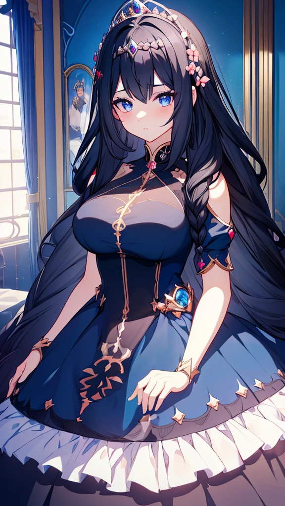 best quality, extremely detailed,anime style girl,long hair down to the waist, straight hair, ((dark black hair with bluish)),braid,beautiful detailed eyes, pinched eyes, (dark blue eyes),huge breasts,curvy,((((princess dress)))),clothing with complex patterns,hair ornament,cool expression,((((princess's room)))),dynamic angle