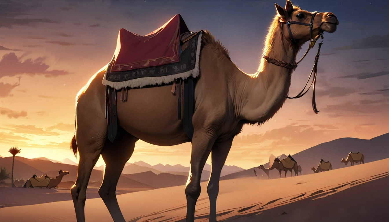 独奏, no humans, animals, animal-centered, masterpiece, highest quality, cute, detailed description, natural scenery, relaxing,Night desert,camel
