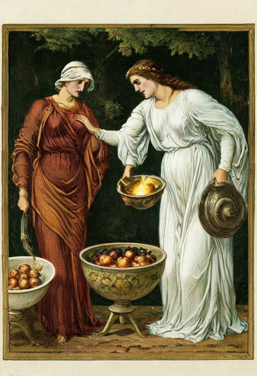 arafed woman in a white dress holding a bowl of fire, ledmund leighton, portrait of celtic goddess diana, goddess of autumn, the goddess hestia, pre-raphaelite oil painting, preraphaelite, portrait of a priestess, preraphaelite style, the goddess of autumn harvest, persephone as goddess of death, by Alexandre Cabanel