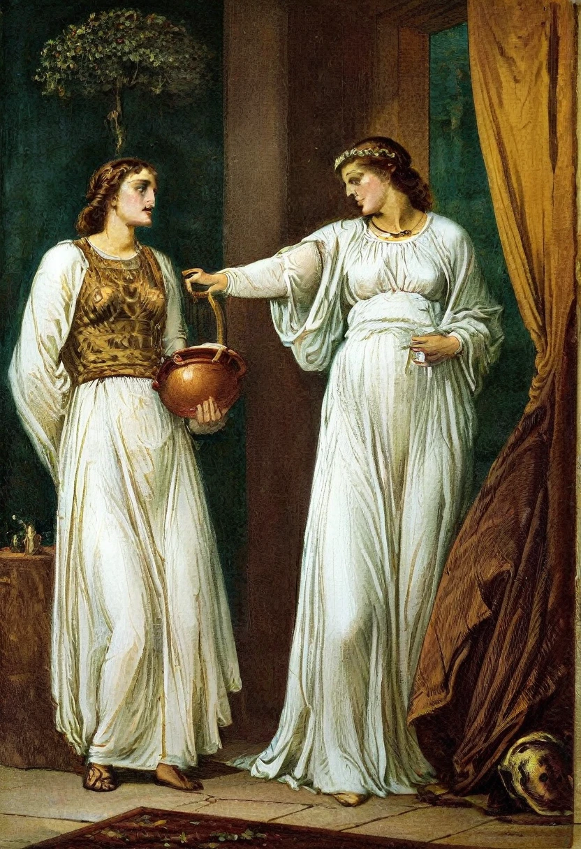 arafed woman in a white dress holding a bowl of fire, ledmund leighton, portrait of celtic goddess diana, goddess of autumn, the goddess hestia, pre-raphaelite oil painting, preraphaelite, portrait of a priestess, preraphaelite style, the goddess of autumn harvest, persephone as goddess of death, by Alexandre Cabanel