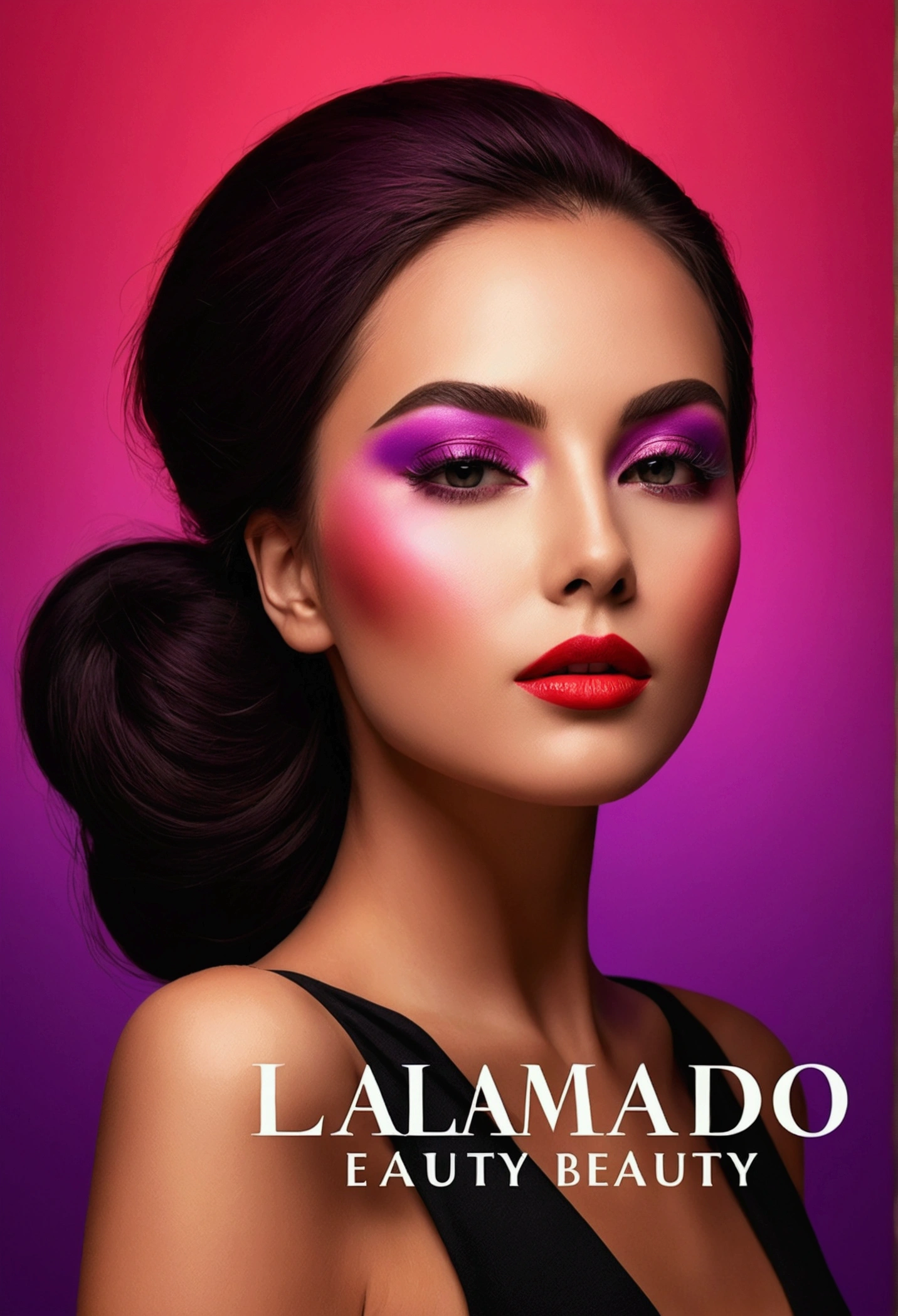 Make me a professional logo for a professional brand, related to beauty, aesthetics and personal care. Llamado beauty aura, a silhouette of a beautiful woman in the background, vivid colors, red, rosado, purple, gold and black, well contrasted. With a more contrastable and vivid background color, with beauty cosmetics. Same as the previous one but the text below: beauty_aura