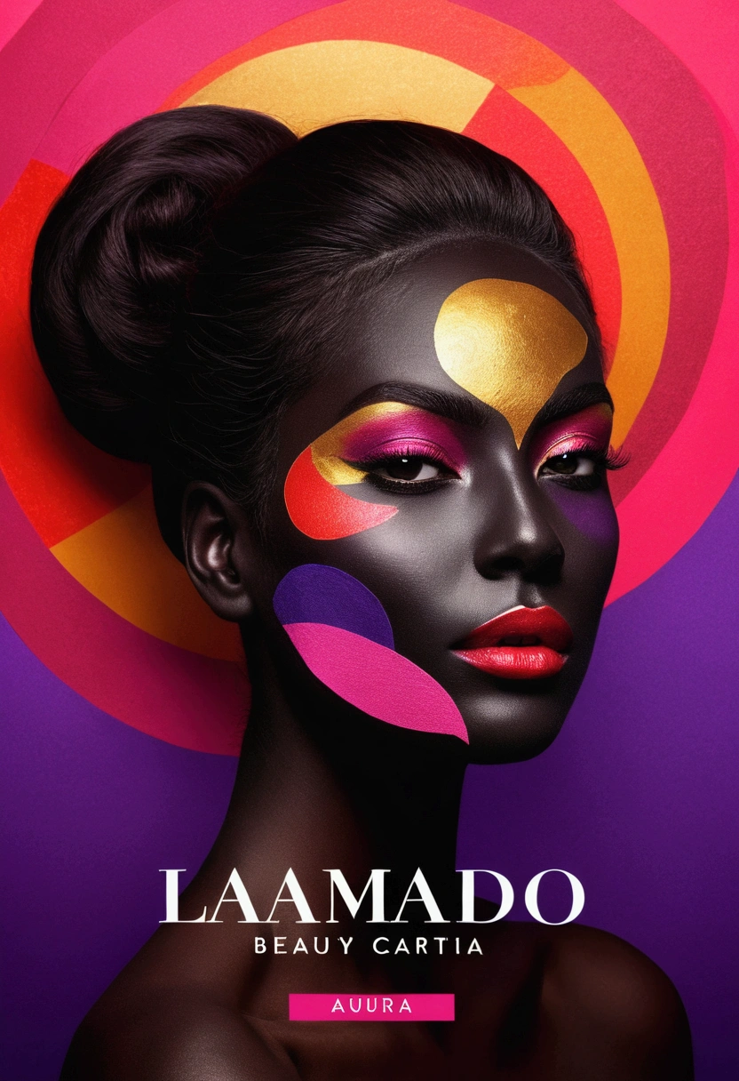 Make me a professional logo for a professional brand, related to beauty, aesthetics and personal care. Llamado beauty aura, a silhouette of a beautiful woman in the background, vivid colors, red, rosado, purple, gold and black, well contrasted. With a more contrastable and vivid background color, with beauty cosmetics. Same as the previous one but the text below: beauty_aura
