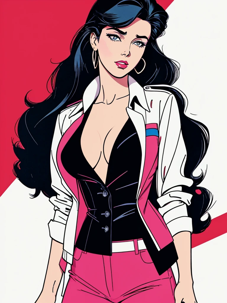 score_9, score_8, score_7,A stunning illustration ((Patrick Nagel Style)) dark-haired goddess, dressed in 1980s womens fashion, open jacket, open shirt red, a beauty pinup art style, graphic design, flat colours,  white skin no shadows, 2 or 3 colour palette, background 1 flat colour. Portrait Style. 