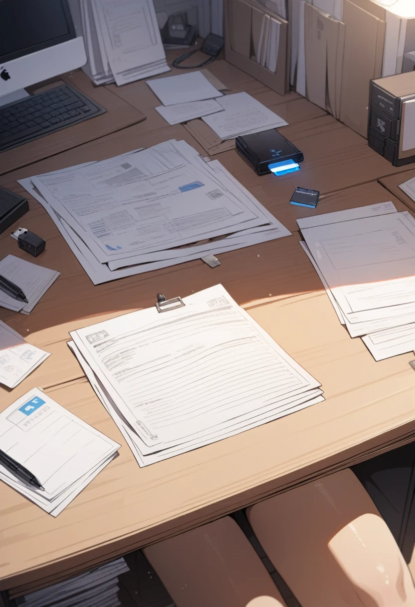 masterpiece, best quality, extremely detailed, ultra detailed, flat anime, 2D, Papers and USB flash drive are on the desk.