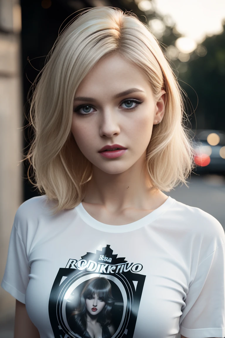 ((Natalia Udovenko)), Slim athletic body, breasts small, (light blonde hair with dark roots), (hairstyle bob), (high-detail skin texture), (Highly detailed face), flegs, External background, ((work of art)), ((best qualityer)), ((ultra HD)), (Oversized t-shirt), rim lighting, cinematic lighting, full sunlight, RAW photograph, various poses, Carl Zeiss 85mm F/1.4, by Ellen von Unwerth, looking at the camera