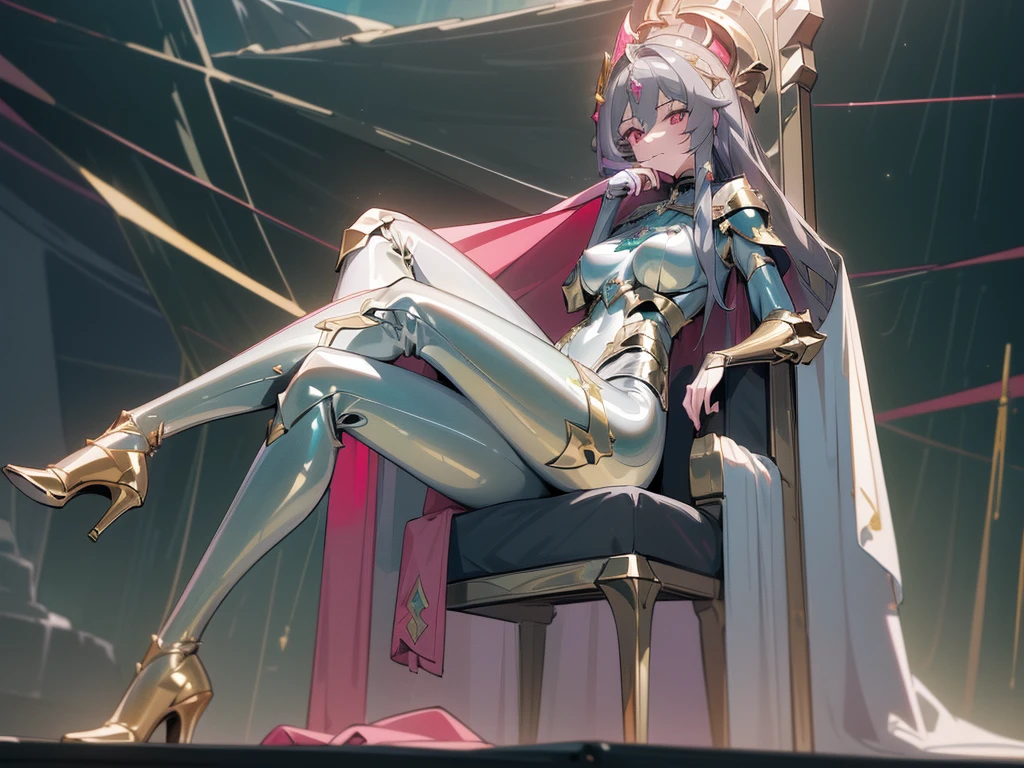 art, 8k, masterpiece, 1girl, ((sitting_on_throne), leg_on_leg, hand_on_chin, divine, green_lightnings, (Fu_Hua), (Herrscher_of_Sentience), grey_hair, red_eyes, (large_breasts), (plug_suit), (greek_clothing), white_bodysuit, glowing_bodysuit, pink_accents, green_crystal_on_chest, high_heels, (mystical_armor), glowing_cape, armor, gold