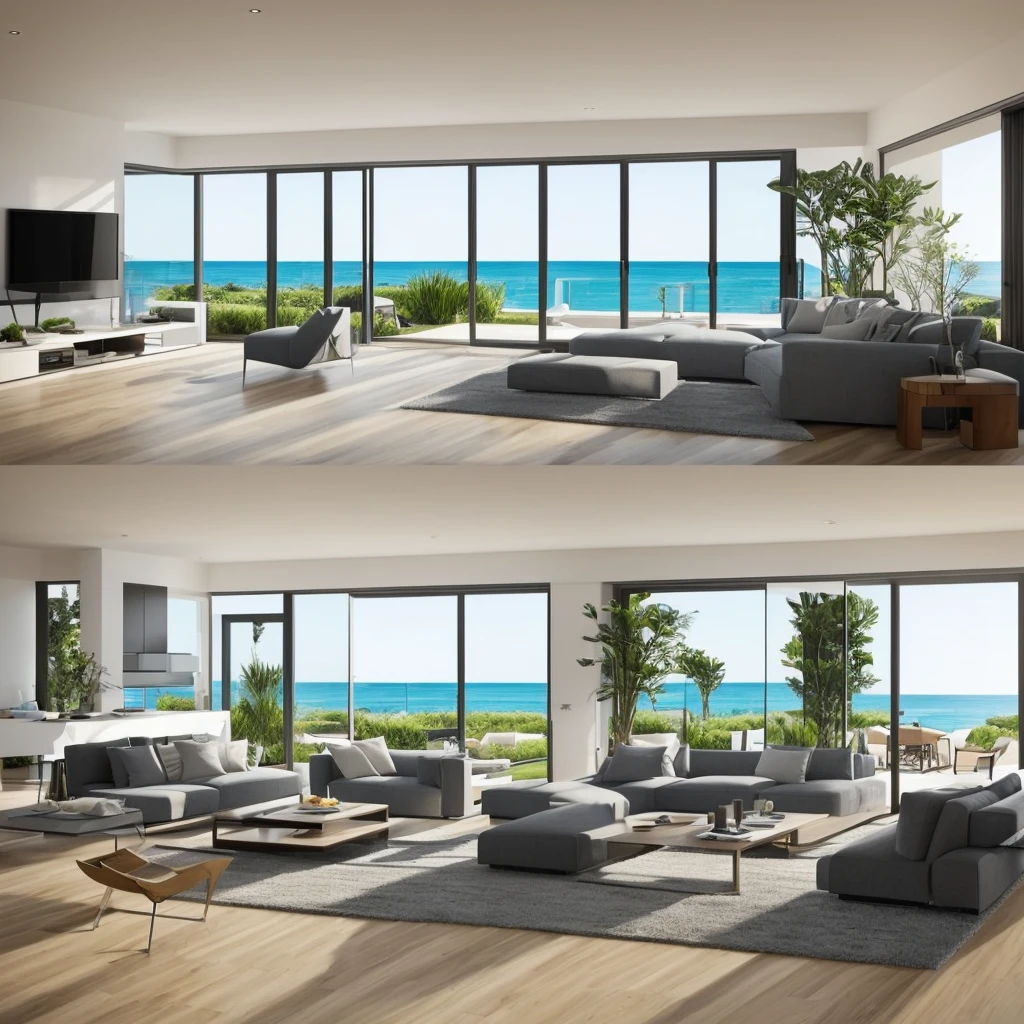 Living room of a realistic modern house with sea view