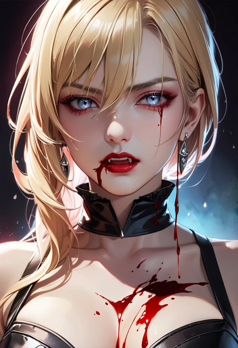 aa portrait of vampire with a bloody tear coming down from he eye, an exotic beautiful female vampire, blond hair color, dynamic hair style, ultra detailed face, best detailed face, (silver eyes: 1.3), ((1single red teardrop: 1.3)), ((tear drop made from blood)), ((teardrop coming down from the eye: 1.3)), small cleavage, wearing two black diamond earrings, Ultra-high resolution, High Contrast, (masterpiece:1.5), highest quality, Best aesthetics), 16K fantasy art, best details, best quality, highres, (ultra wide angle: 1.2), 16k, [ultra detailed], masterpiece, best quality, (extremely detailed), ladyshadow, magical sky, crying style, vampire teeth, realistic anime art style