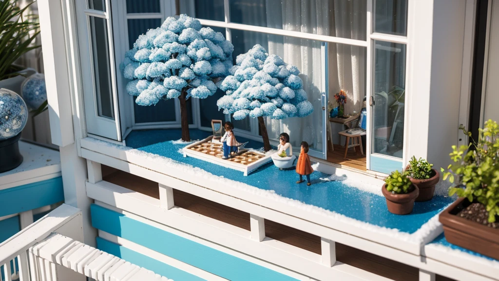 a surreal miniature art style, possibly by artist Tatsuya Tanaka, known for creating tiny dioramas. The composition centers on a waffle depicted as a building, with miniature balconies and figures attached to it. The subject includes tiny figurines acting as residents: one figure watering plants on a top balcony, two figures tending to plants on a middle balcony, and clothes hanging on the bottom balcony. Two additional figures stand at the base, working with powdered sugar resembling snow. The background is a solid, vibrant blue, contrasting with the neutral tones of the waffle and figurines. The image playfully merges culinary elements with everyday life, creating a whimsical urban scene.