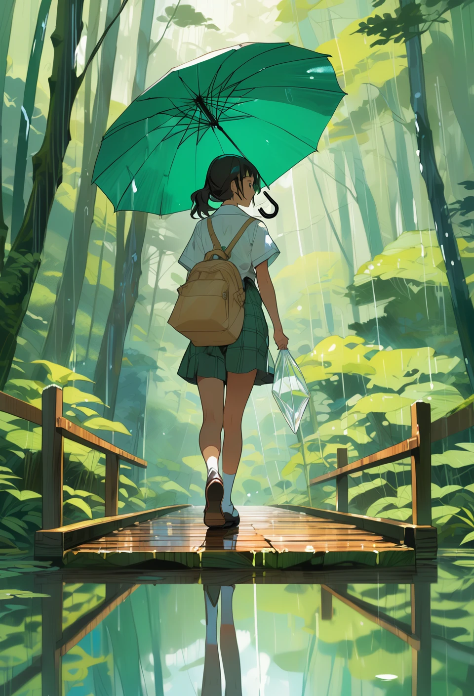 NijiEX style illustration of a Japanese school girl holding a transparent umbrella. She is walking across a wooden bridge, with her reflection on the wet ground. The background is a lush emerald forest.