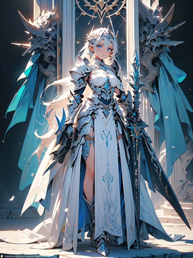 (((masterpiece, best quality, high detailed, 8k))) Design a layout showcase Gaming character, (1girl). valkyrie White|Blue|Gold armor, elegant and majestic. ((showcase weapon:1.4)), celestial sword. (masterpiece:1.2), (best quality), 4k, ultra-detailed. (Step by step design, layout art:1.5), (luminous lighting, atmospheric lighting). divine warrior, ((glove full hands)), (((regal armor:1.3))), shoulder pauldrons, armored boots, (((full_body_shot:1.4))). {In a radiant celestial realm}.
