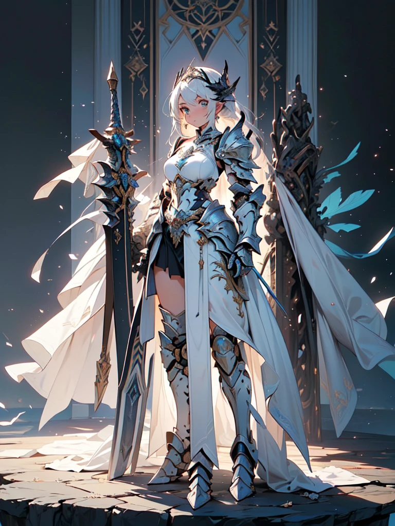 (((masterpiece, best quality, high detailed, 8k))) Design a layout showcase Gaming character, (1girl). valkyrie White|Blue|Gold armor, elegant and majestic. ((showcase weapon:1.4)), celestial sword. (masterpiece:1.2), (best quality), 4k, ultra-detailed. (Step by step design, layout art:1.5), (luminous lighting, atmospheric lighting). divine warrior, ((glove full hands)), (((regal armor:1.3))), shoulder pauldrons, armored boots, (((full_body_shot:1.4))). {In a radiant celestial realm}.