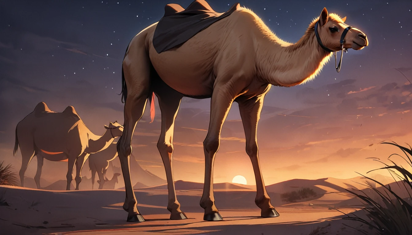 独奏, no humans, animals, animal-centered, masterpiece, highest quality, cute, detailed description, natural scenery, relaxing,Night desert,camel