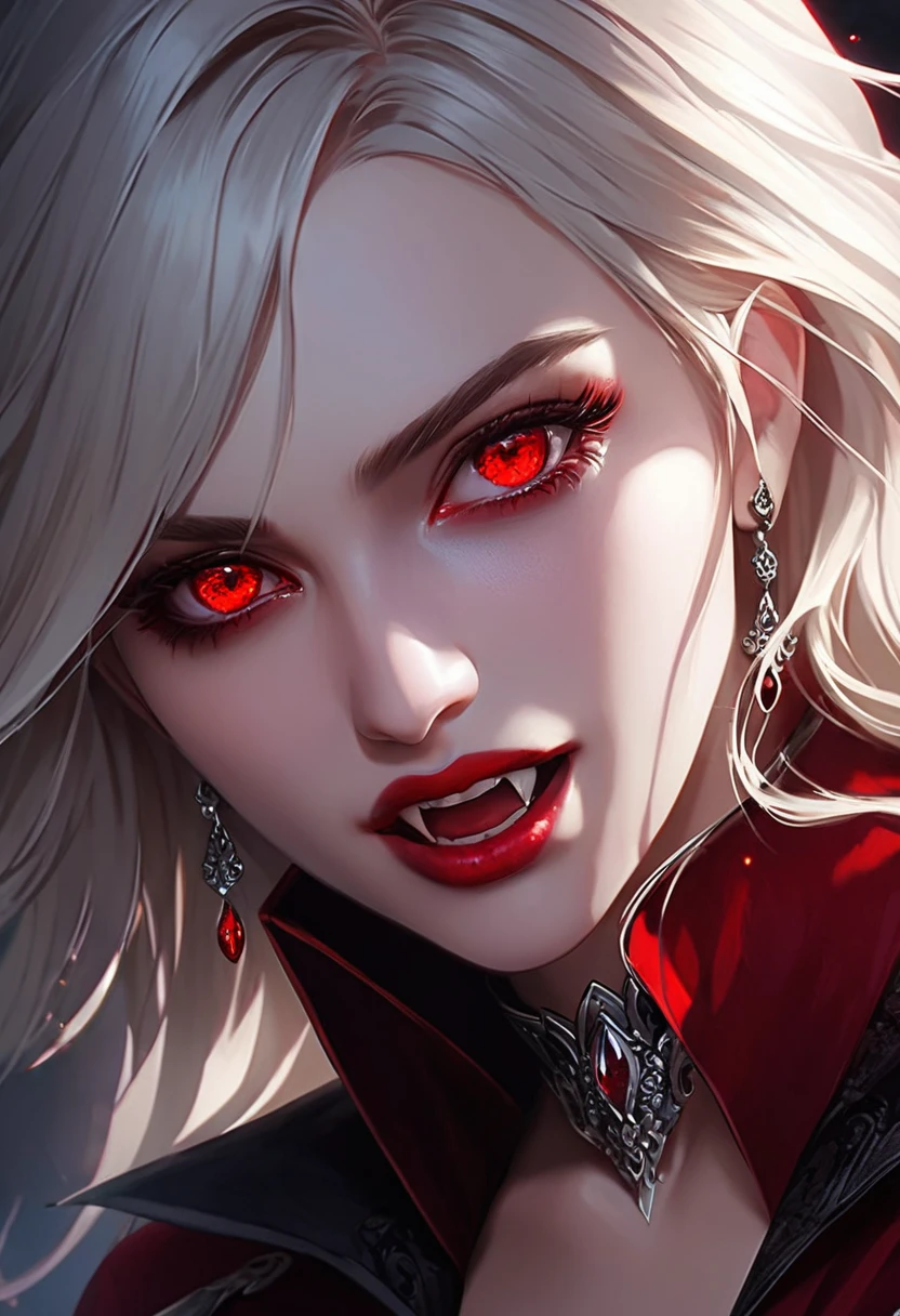 aa portrait of vampire with a bloody tear coming down from he eye, an exotic beautiful female vampire, blond  hair color, dynamic hair style, ultra detailed face, best detailed face, (silver eyes: 1.3), ((1single red teardrop: 1.3)), ((tear drop made from blood)), ((teardrop coming down from the eye: 1.3)), small cleavage, wearing two black diamond earrings, Ultra-high resolution, High Contrast, (masterpiece:1.5), highest quality, Best aesthetics), 16K fantasy art, best details, best quality, highres, (ultra wide angle: 1.2), 16k, [ultra detailed], masterpiece, best quality, (extremely detailed), ladyshadow, magical sky, crying style, vampire teeth