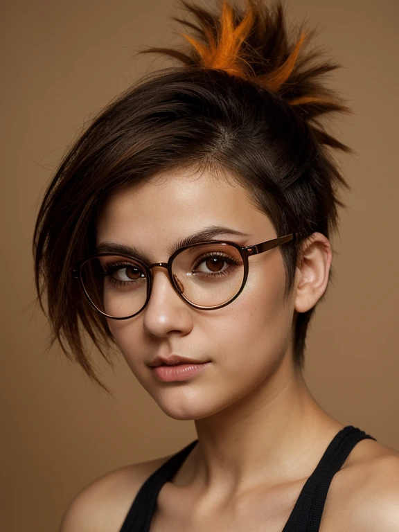 (masterpiece, Best quality:1.2), 1 young tomboy girl, 22, One, Russian chubby brown-eyed girl in glasses with aesthetic small breasts and beautiful erect nipples, Beautiful realistic eyes, round face, round cheeks, small round chin, wide cheekbones, beautiful proportional small wide nose, Plump lips, closed mouth, expressive brown eyes, long eyelashes, glasses with lenses, A little crazy look, sparkle in the eyes, spiky tousled dark brown tousled slightly wavy short hair, hair combed into a mohawk, highlighting individual strands of hair in fiery orange color, realistic highlighting, (stylish linen sundress to mid-thigh), Beautiful long legs, I don't wear a bra because it's hot, I don't wear panties because it's hot, beautiful muscular arms, Graceful fingers, velvety skin, full body portrait, high quality human skin textures, realistic hair, Beautiful face, Ideal Anatomy, realistic textures, maximum realism of clothing textures, realistic glasses with distorting lenses, full length (photograph from a distance of several meters), Free standing pose