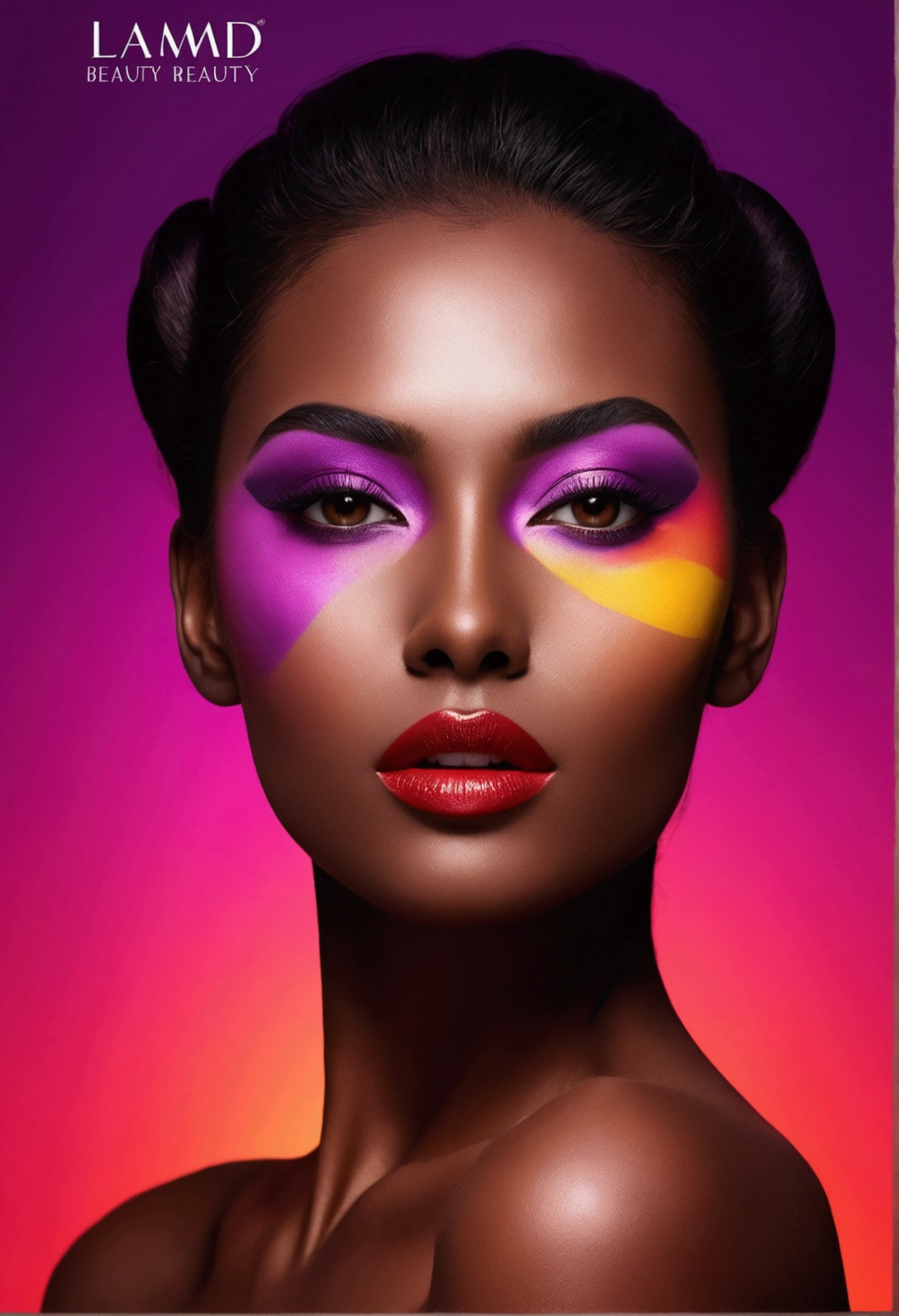 Make me a professional logo for a professional brand, related to beauty, aesthetics and personal care. Llamado beauty aura, a silhouette of a beautiful woman in the background, vivid colors, red, rosado, purple, gold and black, well contrasted. With a more contrastable and vivid background color, with beauty cosmetics. Same as the previous one but the text below: beauty_aura