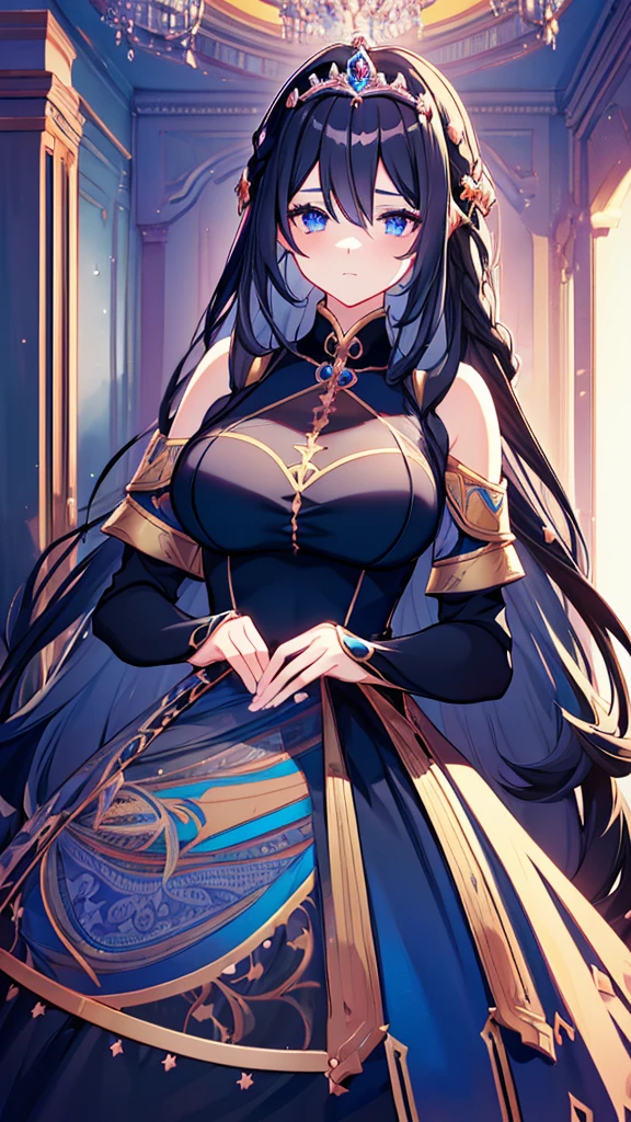 best quality, extremely detailed,anime style girl,long hair down to the waist, straight hair, ((dark black hair with bluish)),braid,beautiful detailed eyes, pinched eyes, (dark blue eyes),huge breasts,curvy,((((western princess dress)))),clothing with complex patterns,hair ornament,cool expression,((((princess's room)))),dynamic angle