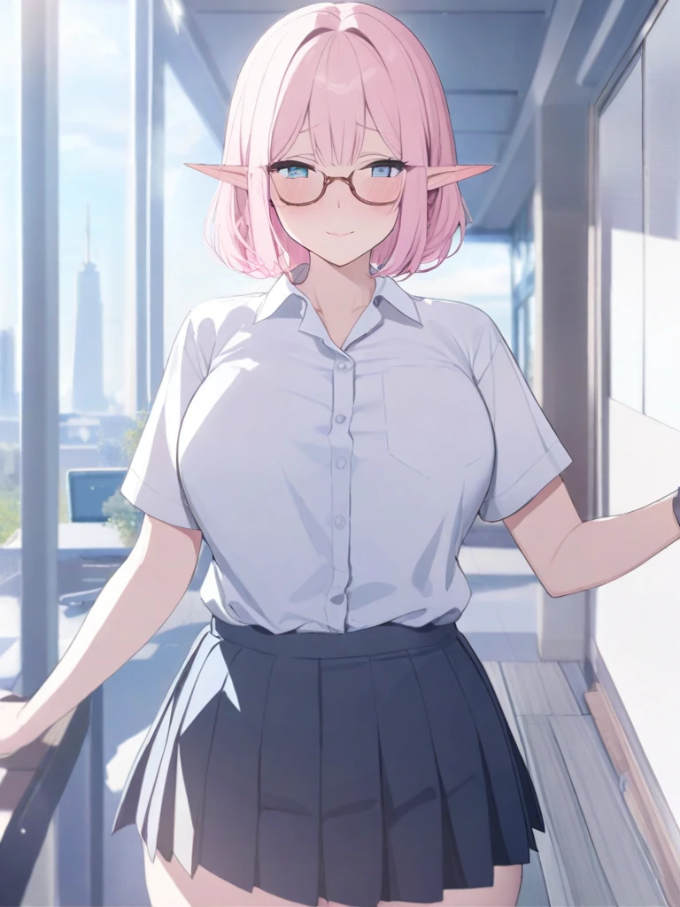 masterpiece, best quality, high quality, beautiful anime character, solo, anime girl with pink hair, soft hair, medium length hair, blue eyes, elf ears, big breasts, mature female, tall female, big girl, thick, (shy face, blush, light smile, loving eyes), outdoors, (white shirt, pleated skirt), office background, standing, slim thick, short medium hair, short sleeves, glasses, office girl, 