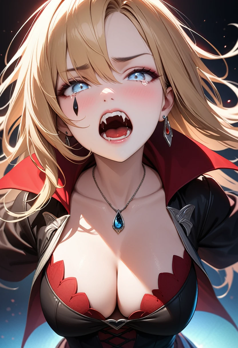 aa portrait of vampire with a bloody tear coming down from he eye, an exotic beautiful female vampire, blond  hair color, dynamic hair style, ultra detailed face, best detailed face, (silver eyes: 1.3), ((1single red teardrop: 1.3)), ((tear drop made from blood)), ((teardrop coming down from the eye: 1.3)), small cleavage, wearing two black diamond earrings, Ultra-high resolution, High Contrast, (masterpiece:1.5), highest quality, Best aesthetics), 16K fantasy art, best details, best quality, highres, (ultra wide angle: 1.2), 16k, [ultra detailed], masterpiece, best quality, (extremely detailed), ladyshadow, magical sky, crying style, vampire teeth