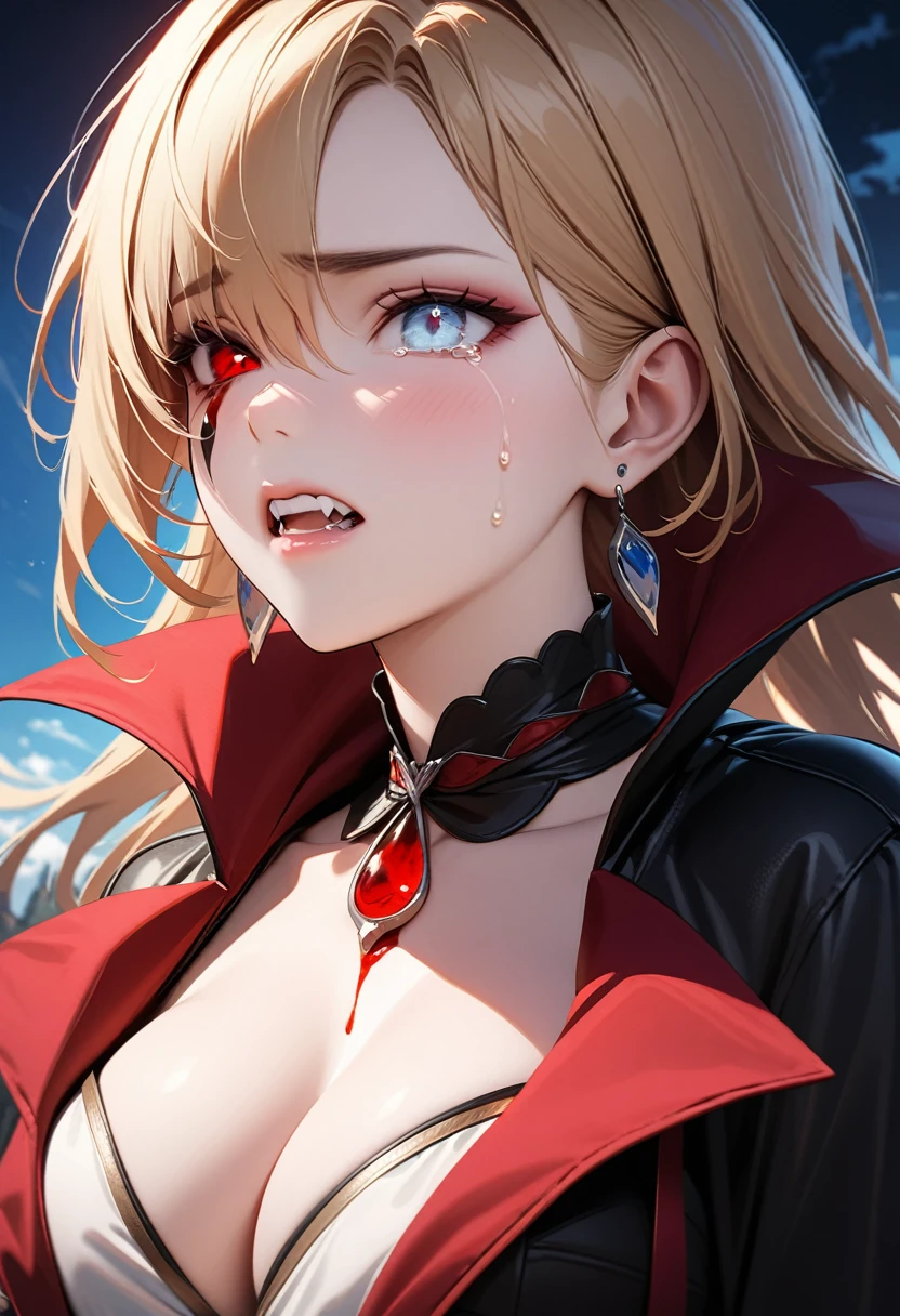 aa portrait of vampire with a bloody tear coming down from he eye, an exotic beautiful female vampire, blond  hair color, dynamic hair style, ultra detailed face, best detailed face, (silver eyes: 1.3), ((1single red teardrop: 1.3)), ((tear drop made from blood)), ((teardrop coming down from the eye: 1.3)), small cleavage, wearing two black diamond earrings, Ultra-high resolution, High Contrast, (masterpiece:1.5), highest quality, Best aesthetics), 16K fantasy art, best details, best quality, highres, (ultra wide angle: 1.2), 16k, [ultra detailed], masterpiece, best quality, (extremely detailed), ladyshadow, magical sky, crying style, vampire teeth