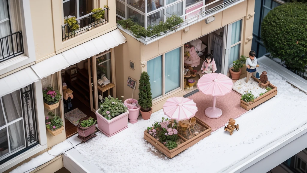 a surreal miniature art style, possibly by artist Tatsuya Tanaka, known for creating tiny dioramas. The composition centers on a waffle depicted as a building, with miniature balconies and figures attached to it. The subject includes tiny figurines acting as residents: one figure watering plants on a top balcony, two figures tending to plants on a middle balcony, and clothes hanging on the bottom balcony. Two additional figures stand at the base, working with powdered sugar resembling snow. The background is a solid, vibrant pink, contrasting with the neutral tones of the waffle and figurines. The image playfully merges culinary elements with everyday life, creating a whimsical urban scene.