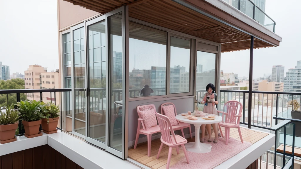 a surreal miniature art style, possibly by artist Tatsuya Tanaka, known for creating tiny dioramas. The composition centers on a waffle depicted as a building, with miniature balconies and figures attached to it. The subject includes tiny figurines acting as residents: one figure watering plants on a top balcony, two figures tending to plants on a middle balcony, and clothes hanging on the bottom balcony. Two additional figures stand at the base, working with powdered sugar resembling snow. The background is a solid, vibrant pink, contrasting with the neutral tones of the waffle and figurines. The image playfully merges culinary elements with everyday life, creating a whimsical urban scene.