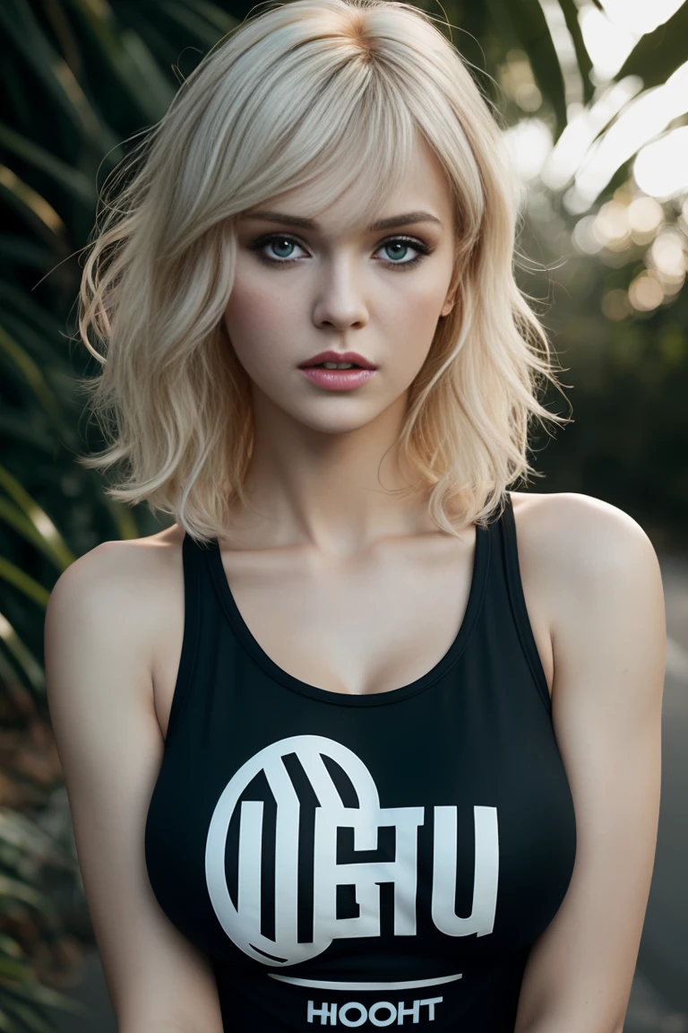 ((Natalia Udovenko)), Slim athletic body, breasts small, (light blonde hair with dark roots), (hairstyle bob), (high-detail skin texture), (Highly detailed face), flegs, External background, ((work of art)), ((best qualityer)), ((ultra HD)), (Oversized t-shirt), rim lighting, cinematic lighting, full sunlight, RAW photograph, various poses, Carl Zeiss 85mm F/1.4, by Ellen von Unwerth, looking at the camera
