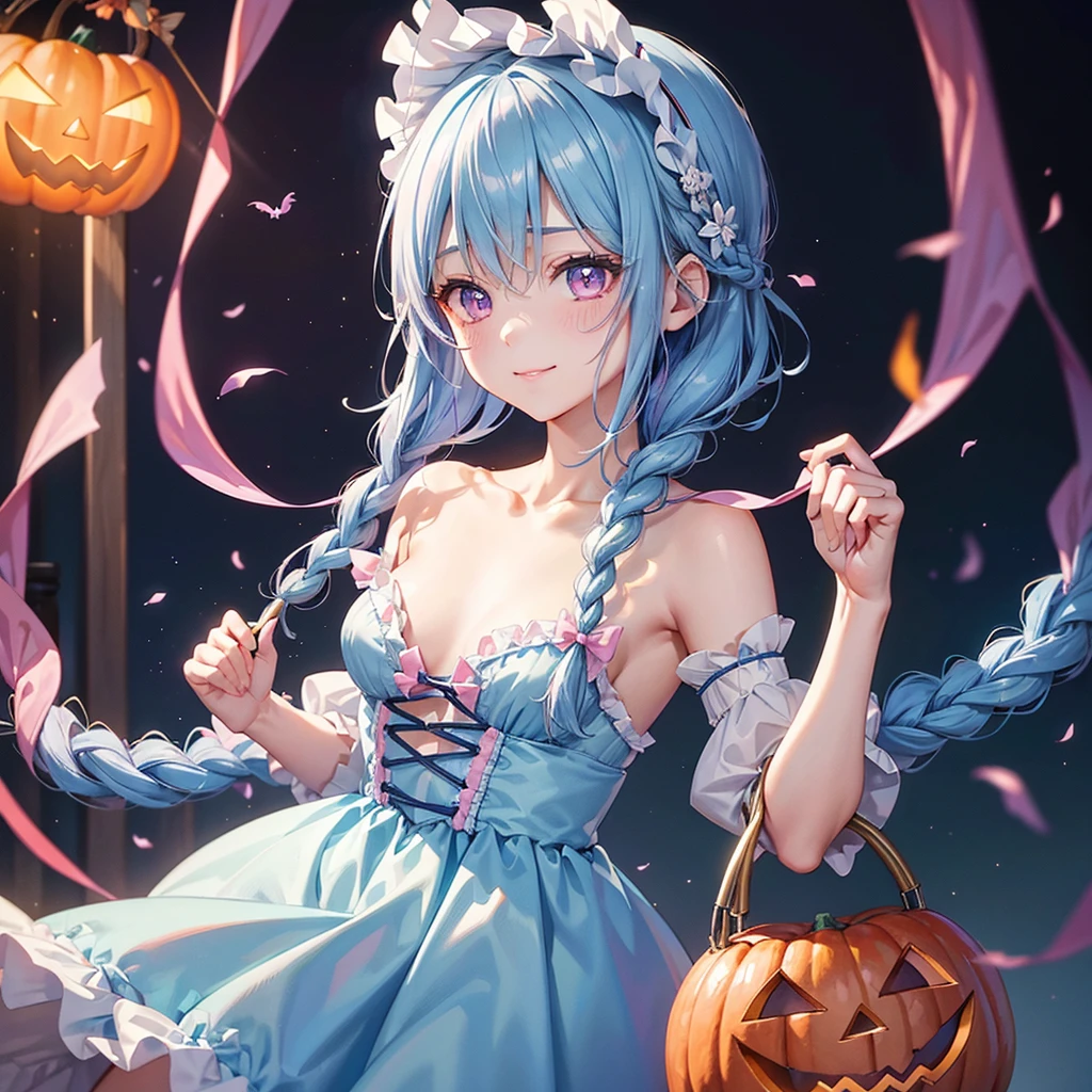 (Light blue medium hair),(Braided hair tied together)、Pink eyes、Fair skin、cowboy shot、Halloween、The background is a pumpkin ghost、Trick or Treat、A lot of sweets、witch、Halloweenナイトパーティー、Candy、Cosplay、A surprising smile、solo、(masterpiece、Highest quality、Very detailed、Best Shadow)、(Detailed Background)、(Beautifully detailed face)、High contrast、(Best lighting、Very delicate and beautiful)、(Cinematic Light)、colorful、Hyper Detail、Dramatic Light、Exquisite detail、