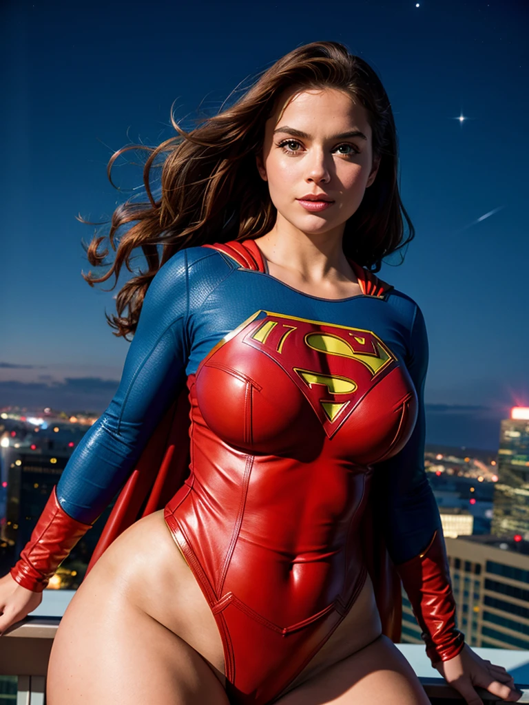 Close-up analogue photo, VHS, Supergirl, curvy body, posing on the roof of a skyscraper, looking at viewer, night, starry sky