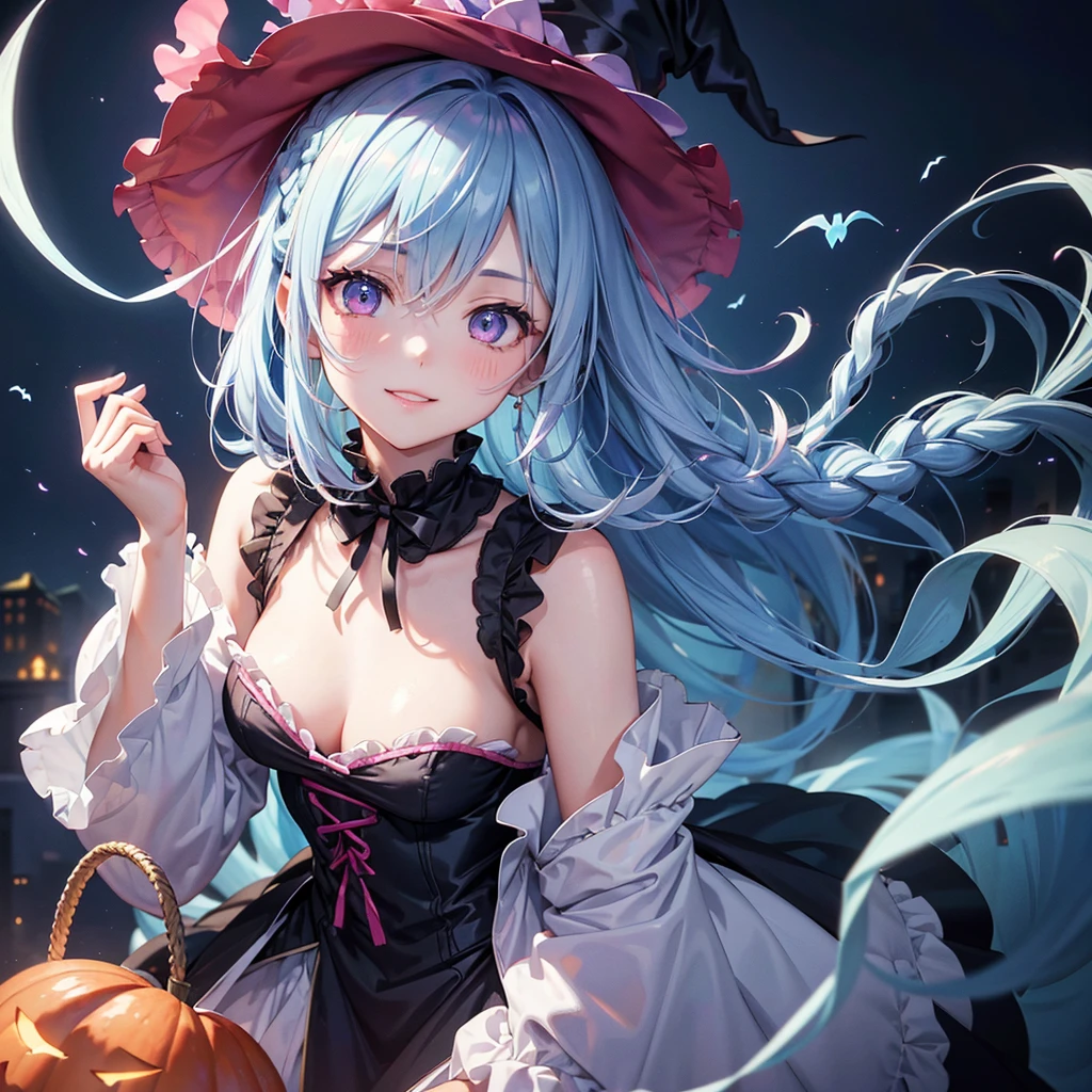 (Light blue medium hair),(Braided hair tied together)、Pink eyes、Fair skin、cowboy shot、Halloween、The background is a pumpkin ghost、Trick or Treat、A lot of sweets、witch、Halloweenナイトパーティー、Candy、Cosplay、A surprising smile、solo、(masterpiece、Highest quality、Very detailed、Best Shadow)、(Detailed Background)、(Beautifully detailed face)、High contrast、(Best lighting、Very delicate and beautiful)、(Cinematic Light)、colorful、Hyper Detail、Dramatic Light、Exquisite detail、