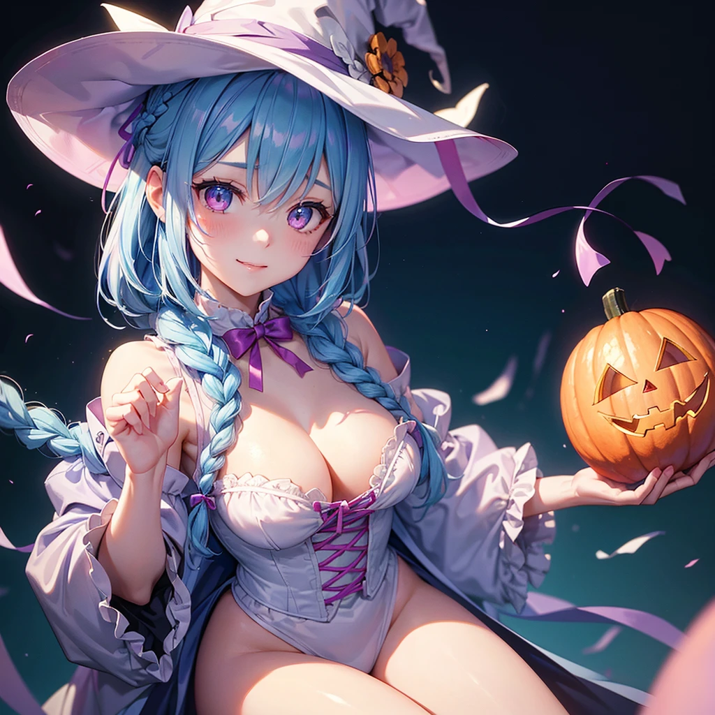 (Light blue medium hair),(Braided hair tied together)、Pink eyes、Fair skin、cowboy shot、Halloween、The background is a pumpkin ghost、Trick or Treat、A lot of sweets、witch、Halloweenナイトパーティー、Candy、Cosplay、A surprising smile、solo、(masterpiece、Highest quality、Very detailed、Best Shadow)、(Detailed Background)、(Beautifully detailed face)、High contrast、(Best lighting、Very delicate and beautiful)、(Cinematic Light)、colorful、Hyper Detail、Dramatic Light、Exquisite detail、
