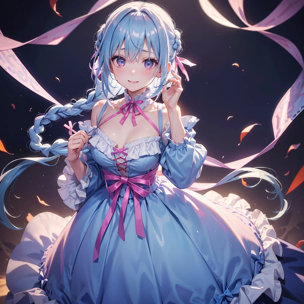 (Light blue medium hair),(Braided hair tied together)、Pink eyes、Fair skin、cowboy shot、Halloween、The background is a pumpkin ghost、Trick or Treat、A lot of sweets、witch、Halloweenナイトパーティー、Candy、Cosplay、A surprising smile、solo、(masterpiece、Highest quality、Very detailed、Best Shadow)、(Detailed Background)、(Beautifully detailed face)、High contrast、(Best lighting、Very delicate and beautiful)、(Cinematic Light)、colorful、Hyper Detail、Dramatic Light、Exquisite detail、