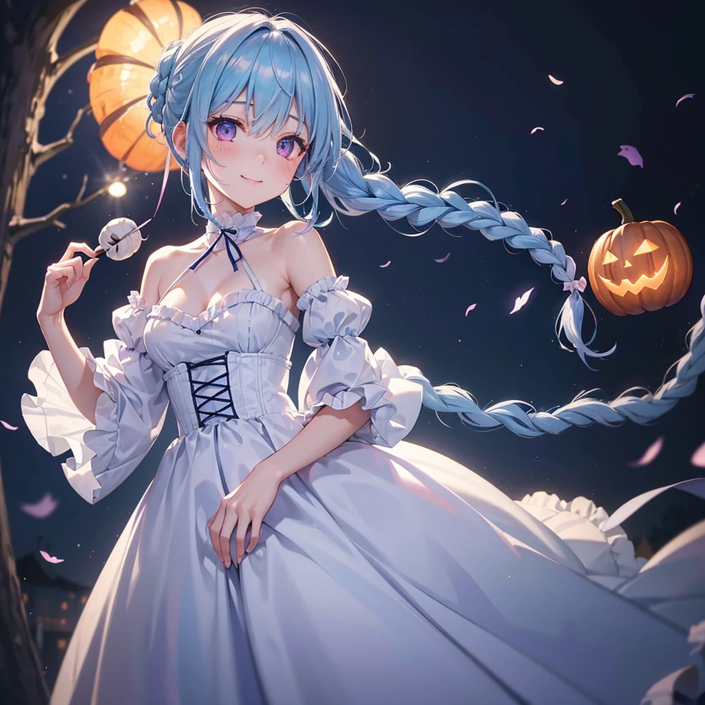 (Light blue medium hair),(Braided hair tied together)、Pink eyes、Fair skin、cowboy shot、Halloween、The background is a pumpkin ghost、Trick or Treat、A lot of sweets、witch、Halloweenナイトパーティー、Candy、Cosplay、A surprising smile、solo、(masterpiece、Highest quality、Very detailed、Best Shadow)、(Detailed Background)、(Beautifully detailed face)、High contrast、(Best lighting、Very delicate and beautiful)、(Cinematic Light)、colorful、Hyper Detail、Dramatic Light、Exquisite detail、