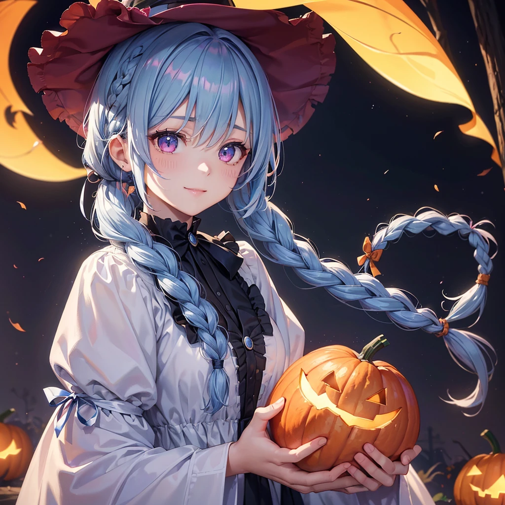 (Light blue medium hair),(Braided hair tied together)、Pink eyes、Fair skin、cowboy shot、Halloween、The background is a pumpkin ghost、Trick or Treat、A lot of sweets、witch、Halloweenナイトパーティー、Candy、Cosplay、A surprising smile、solo、(masterpiece、Highest quality、Very detailed、Best Shadow)、(Detailed Background)、(Beautifully detailed face)、High contrast、(Best lighting、Very delicate and beautiful)、(Cinematic Light)、colorful、Hyper Detail、Dramatic Light、Exquisite detail、