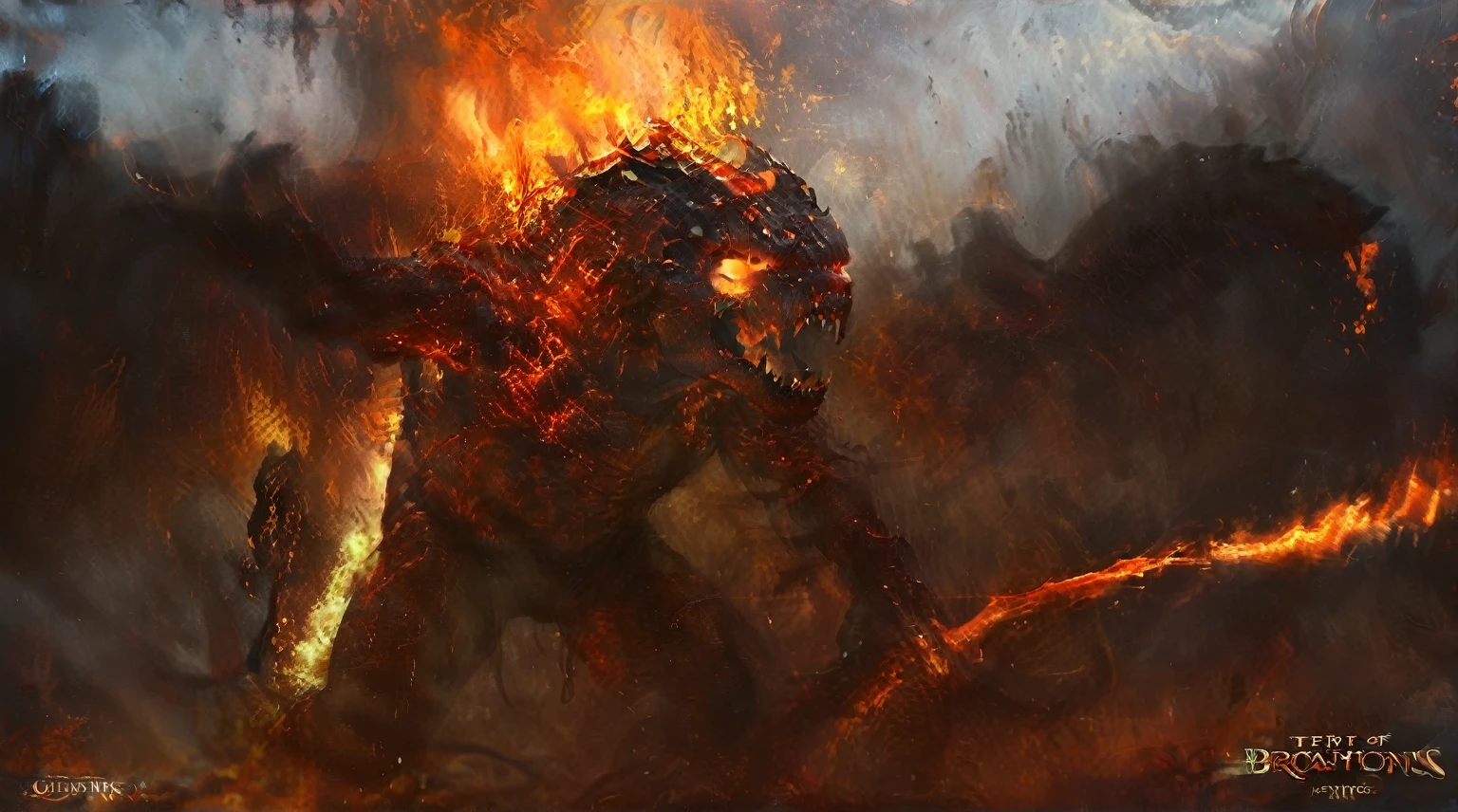 there is a large fire breathing creature with a long tail, balrog concept art, balrog, fire golem creature, fire demon, dragon made out of molten lava, fire elemental, muscled humanoid balrog demon, fire flaming serpent, epic digital concept art, fire giant, cg art, the hydra from path of exile