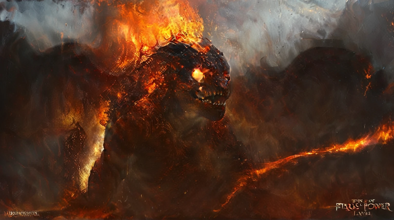 there is a large fire breathing creature with a long tail, balrog concept art, balrog, fire golem creature, fire demon, dragon made out of molten lava, fire elemental, muscled humanoid balrog demon, fire flaming serpent, epic digital concept art, fire giant, cg art, the hydra from path of exile