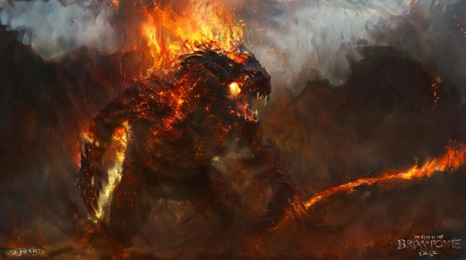 there is a large fire breathing creature with a long tail, balrog concept art, balrog, fire golem creature, fire demon, dragon made out of molten lava, fire elemental, muscled humanoid balrog demon, fire flaming serpent, epic digital concept art, fire giant, cg art, the hydra from path of exile