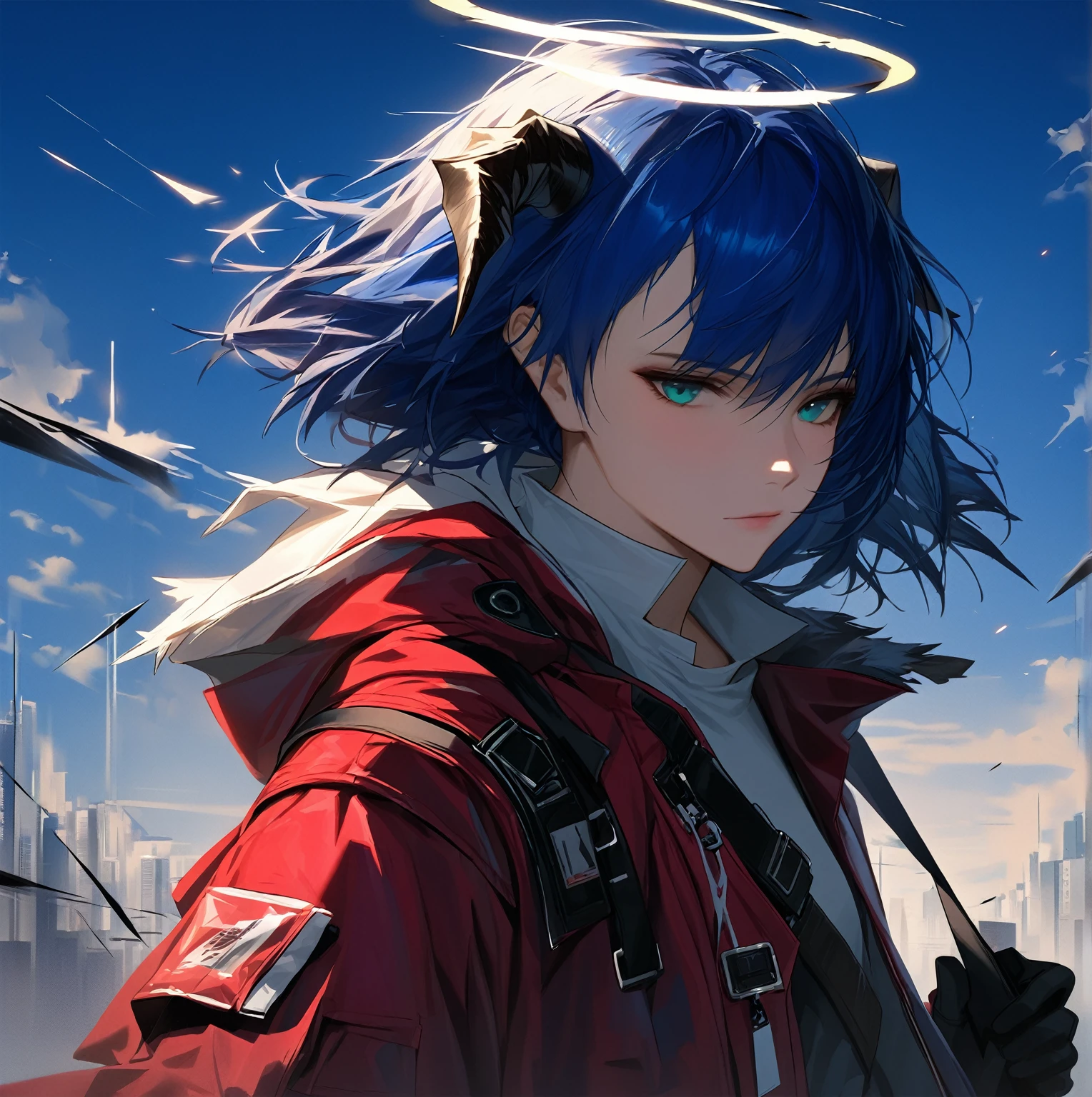 (woman), ((Mostima from arknights)), masterpiece, best quality, blue hair, ((short hair)), horns, plain white shirt, red fullbody coat, dark blue eyes, realistic anime style, faint smile, ((portrait)), black gloves, carring a bag, halo.
