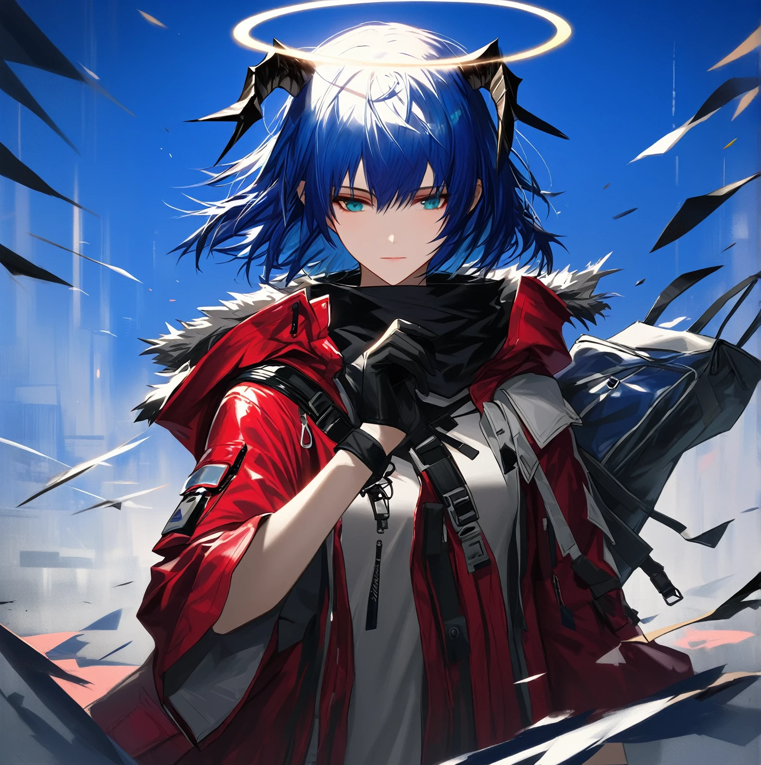 (woman), ((Mostima from arknights)), masterpiece, best quality, blue hair, ((short hair)), horns, plain white shirt, red fullbody coat, dark blue eyes, realistic anime style, faint smile, ((portrait)), black gloves, carring a bag, halo.