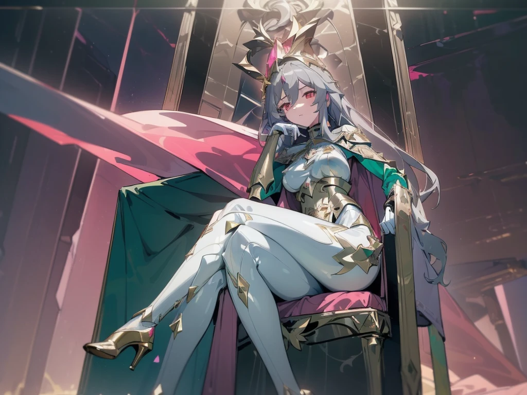 ((repair_legs)), art, 8k, masterpiece, 1girl, ((sitting_on_throne), leg_on_leg, hand_on_chin, divine, green_lightnings, (Fu_Hua), (Herrscher_of_Sentience), grey_hair, red_eyes, (large_breasts), (plug_suit), (greek_clothing), white_bodysuit, glowing_bodysuit, pink_accents, green_crystal_on_chest, high_heels, (mystical_armor), glowing_cape, armor, gold