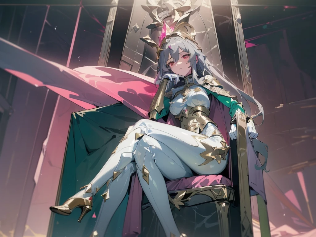 ((repair_legs)), art, 8k, masterpiece, 1girl, ((sitting_on_throne), leg_on_leg, hand_on_chin, divine, green_lightnings, (Fu_Hua), (Herrscher_of_Sentience), grey_hair, red_eyes, (large_breasts), (plug_suit), (greek_clothing), white_bodysuit, glowing_bodysuit, pink_accents, green_crystal_on_chest, high_heels, (mystical_armor), glowing_cape, armor, gold