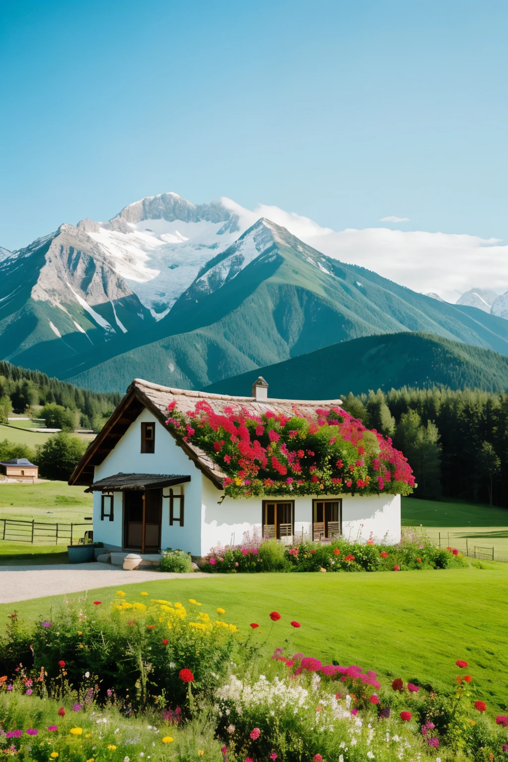 a house in the middle of a green landscape with mountains around it with flowers without houses around it